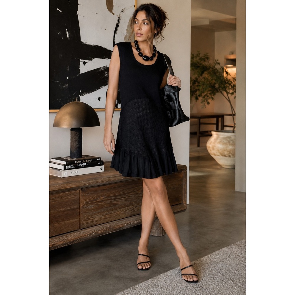 POL Womens Black Sleeveless Boho Knit Ruffle Mini Dress SMT1835 Size L NWT